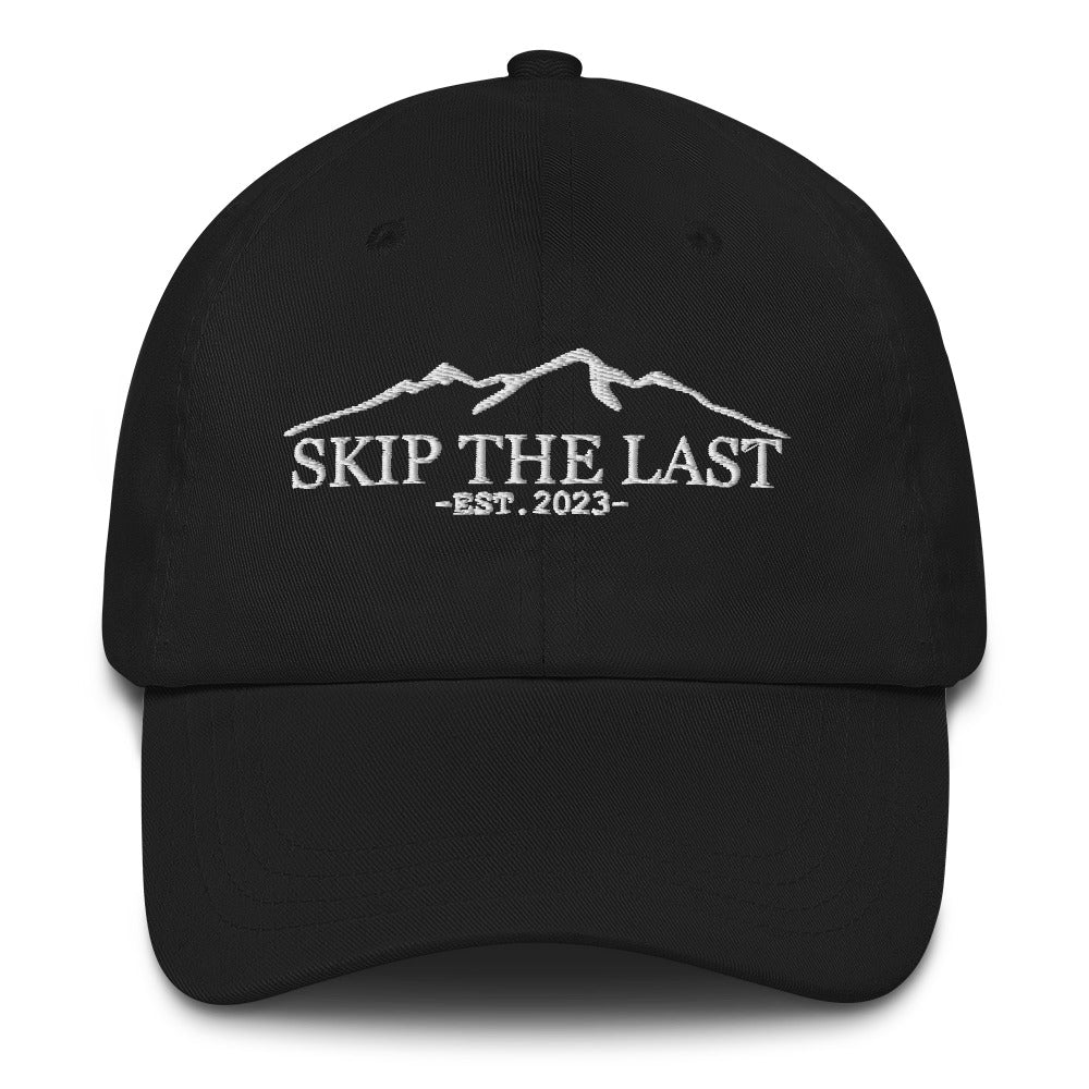 Two More Skip The Last "Skip the Last" black unisex embroidered dad hat. Front view