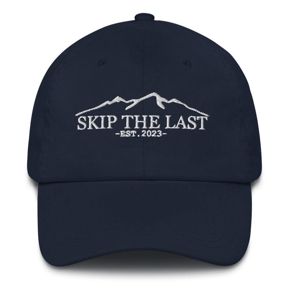 Two More Skip The Last "Skip the Last" navy unisex embroidered dad hat. Front view