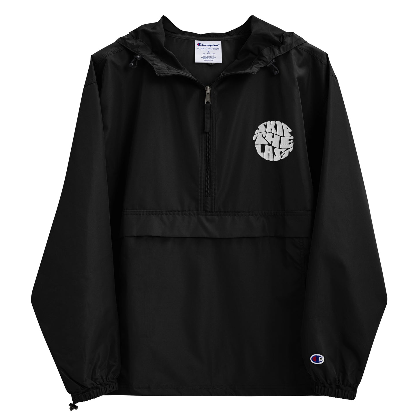 Two More Skip The Last "Retro Skip the Last" black unisex embroidered packable champion jacket. Front view