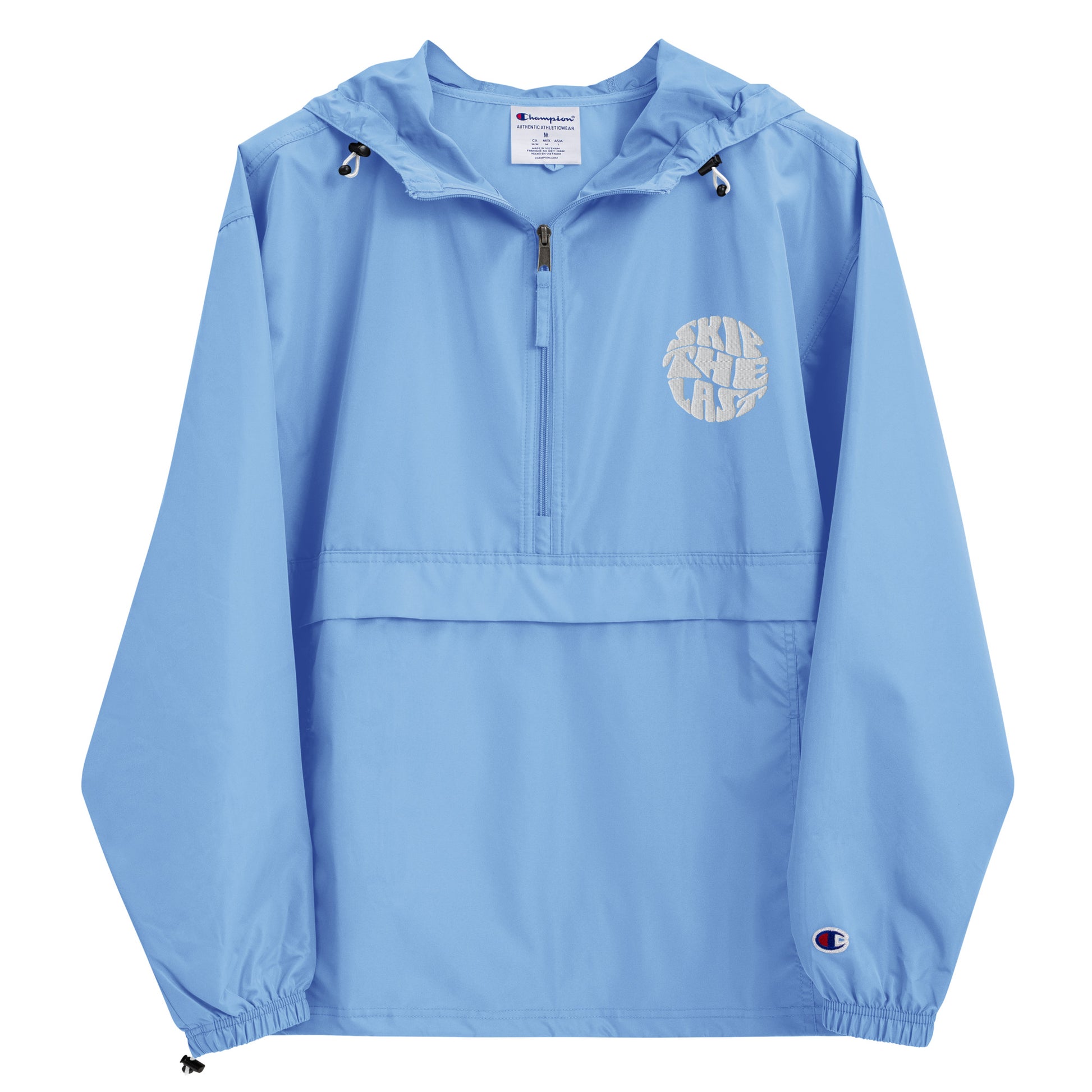 Two More Skip The Last "Retro Skip the Last" light blue unisex embroidered packable champion jacket. Front view