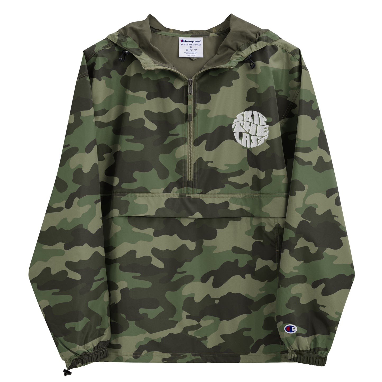 Two More Skip The Last "Retro Skip the Last" olive green camo unisex embroidered packable champion jacket. Front view