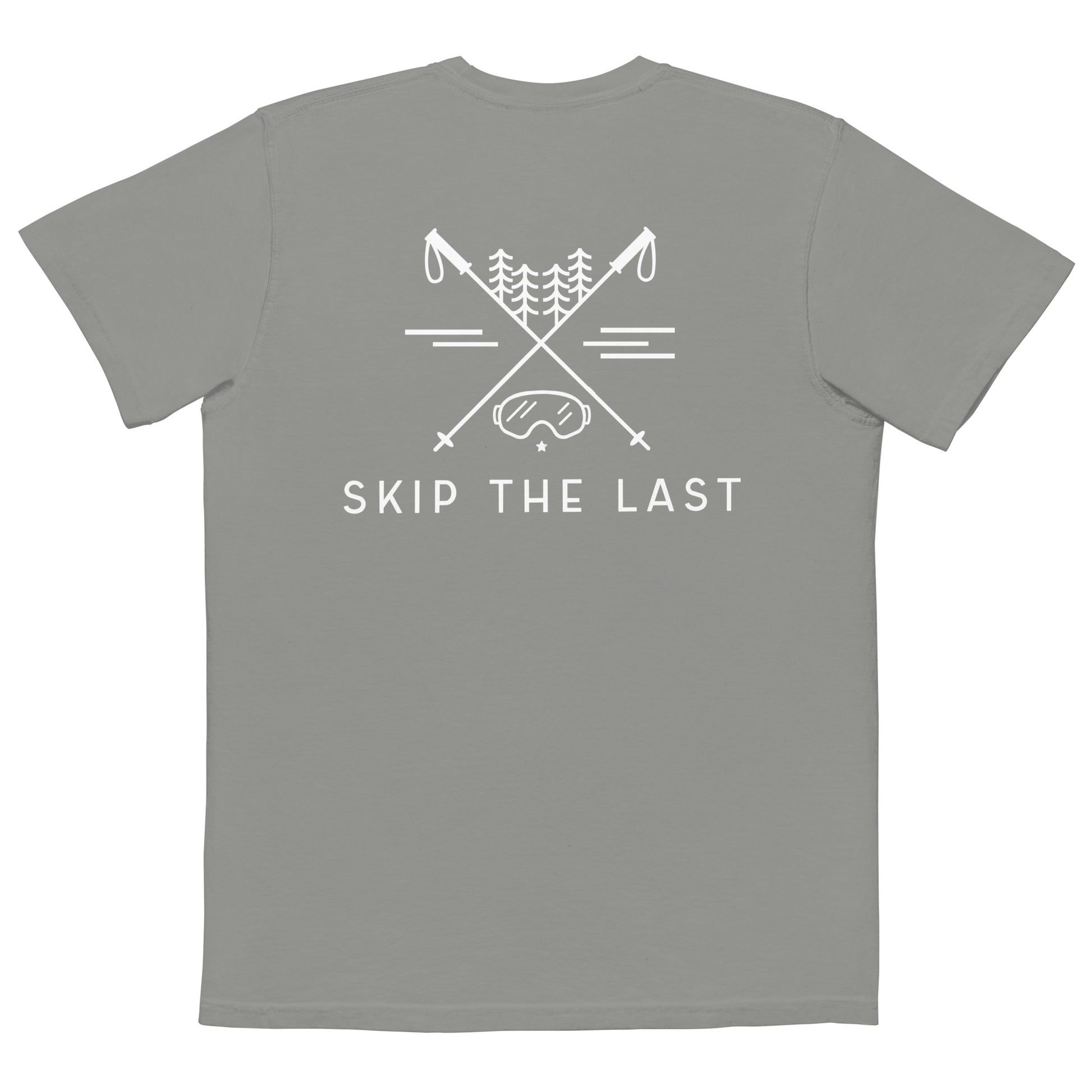 Two More Skip The Last "Adventure" grey Pocket T shirt. Back view