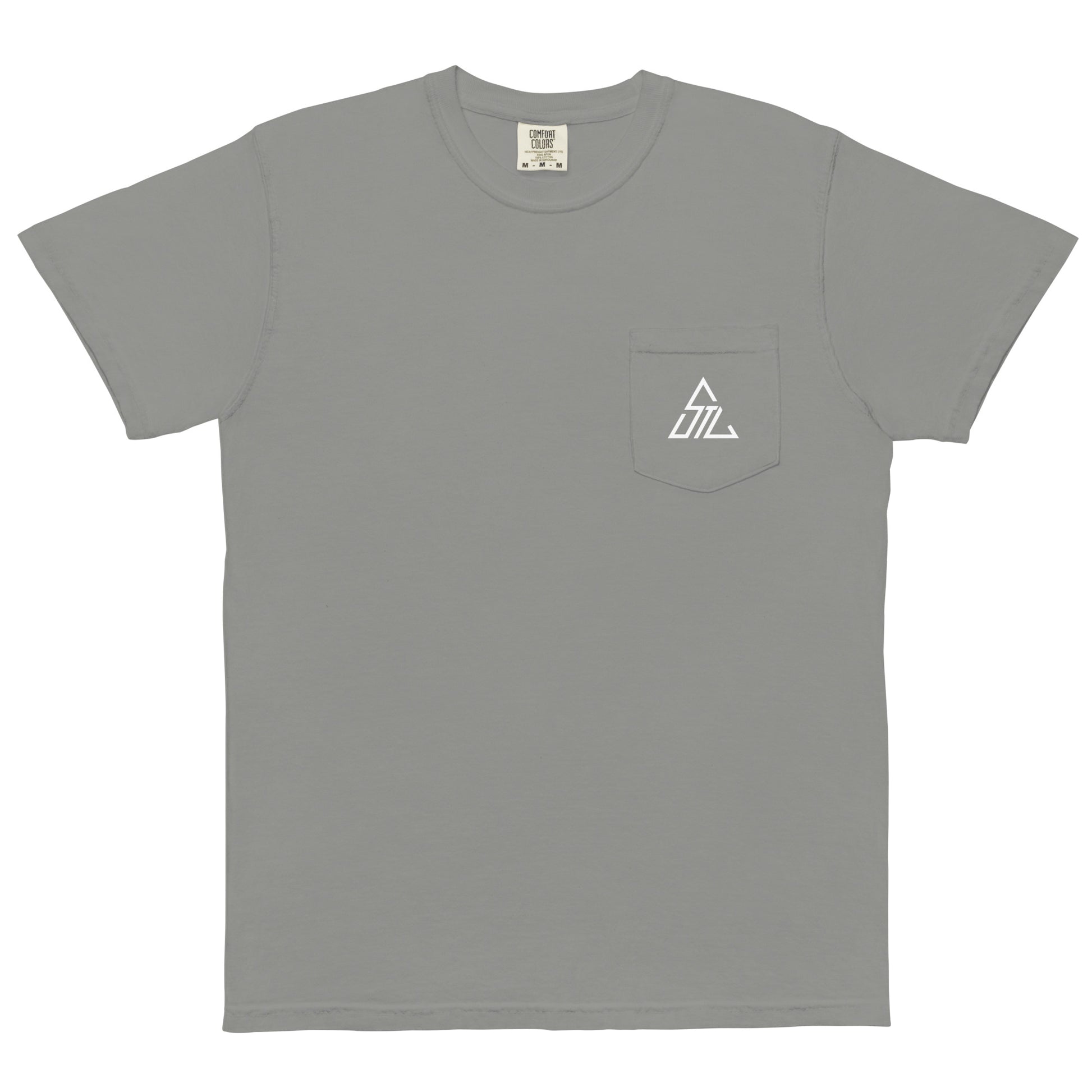 Two More Skip The Last "Adventure" grey Pocket T shirt. Front view