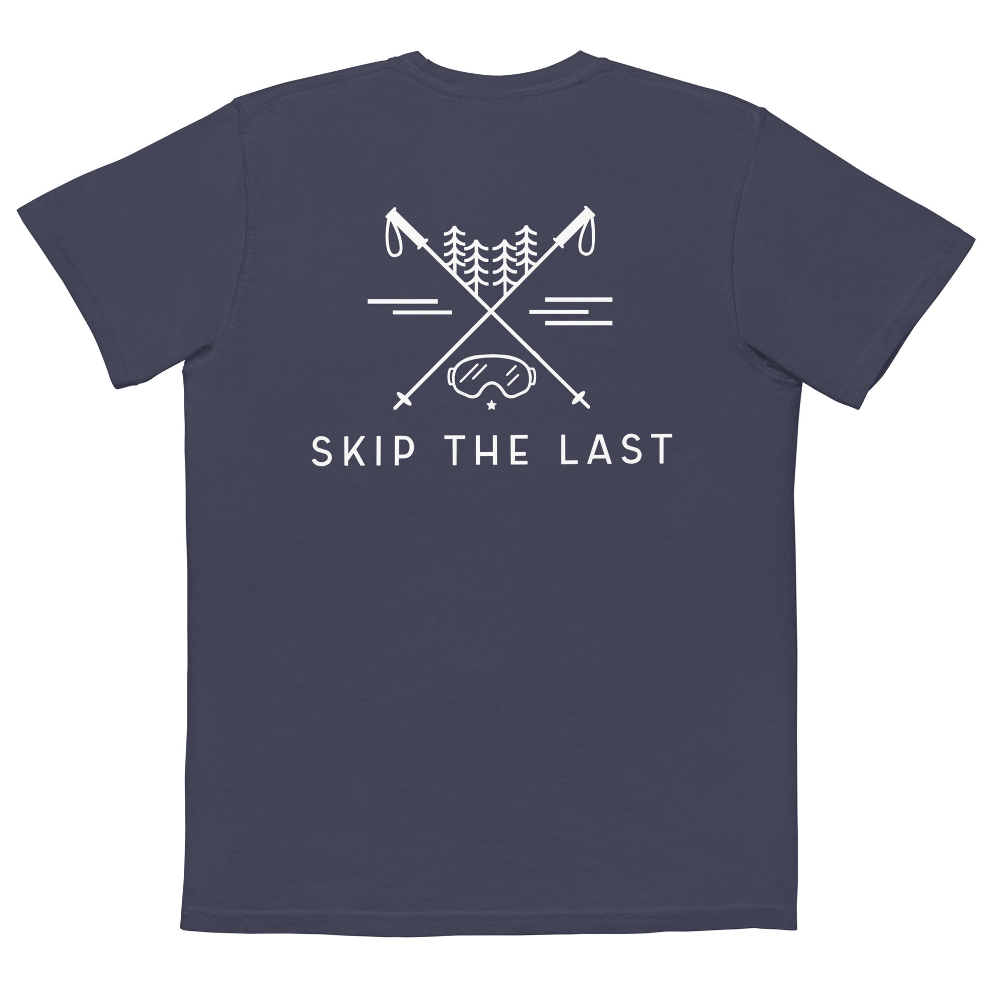 Two More Skip The Last "Adventure" navy Pocket T shirt. Back view