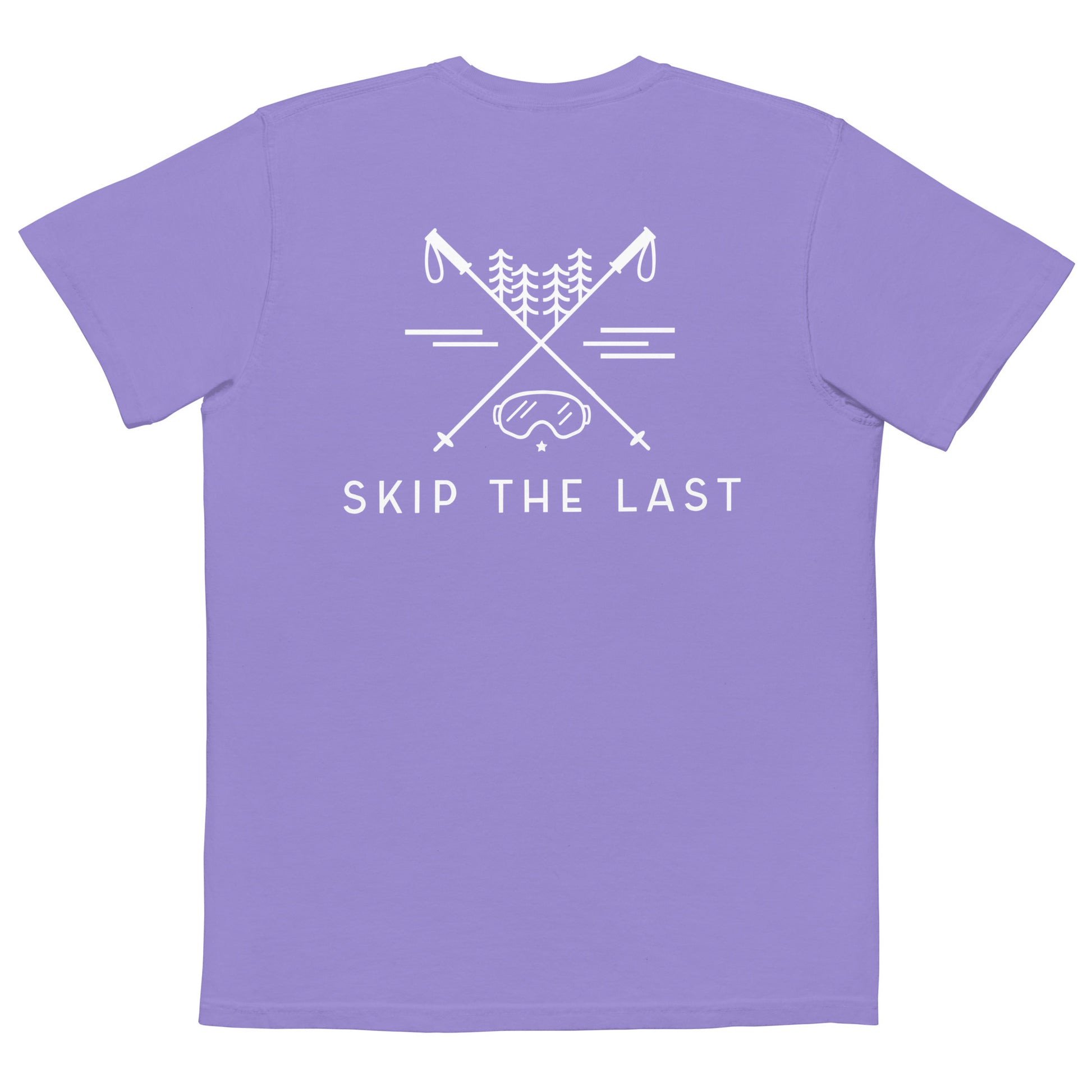 Two More Skip The Last "Adventure" violet Pocket T shirt. Back view