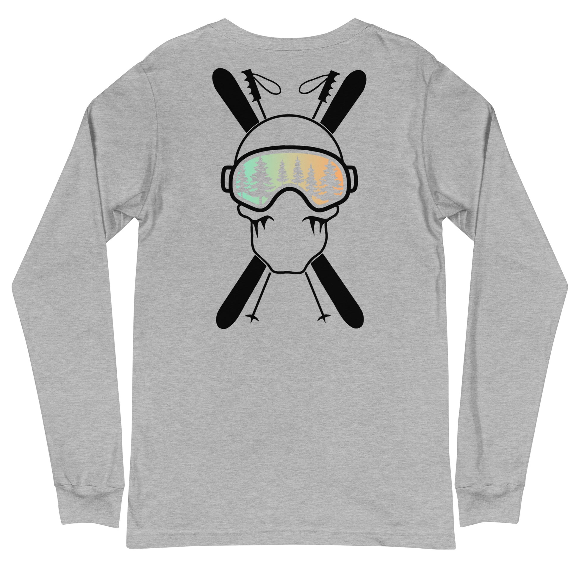 Two More Skip The Last "Stick & Stones" heather grey unisex long sleeve t-shirt. Back view