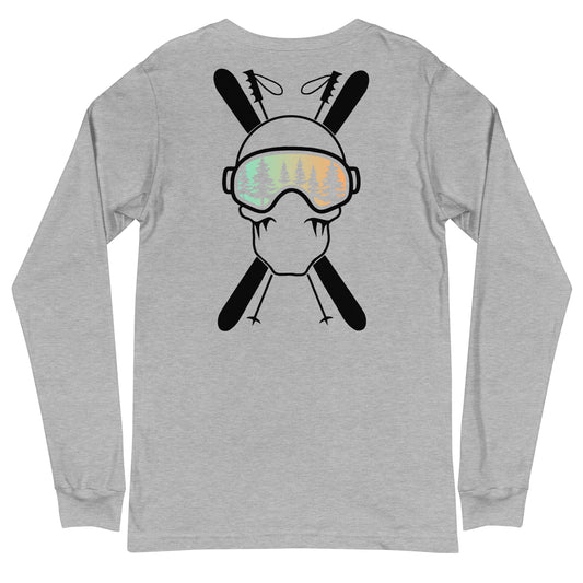 Two More Skip The Last "Stick & Stones" heather grey unisex long sleeve t-shirt. Back view