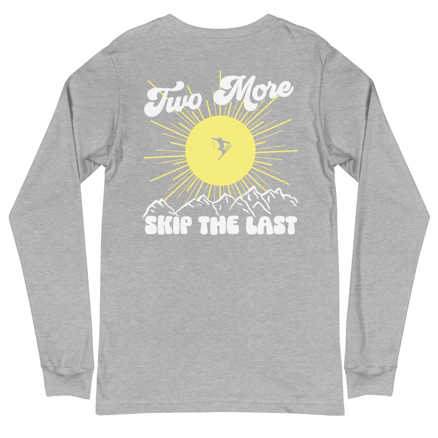 Two More Skip The Last "Bluebird" heather grey unisex Long sleeve t-shirt. Back view