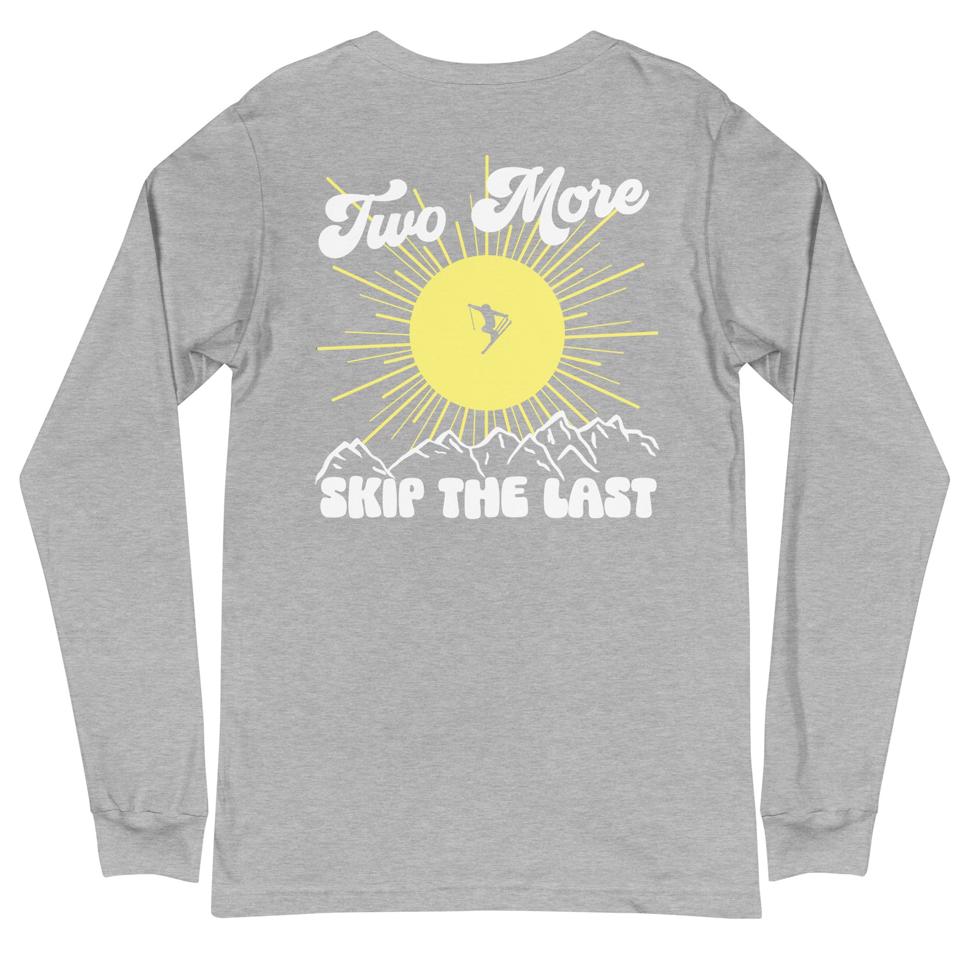 Two More Skip The Last "Bluebird" heather grey unisex Long sleeve t-shirt. Back view