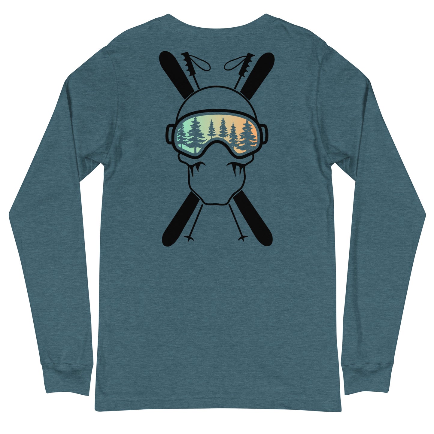 Two More Skip The Last "Stick & Stones" deep teal unisex long sleeve t-shirt. Back view