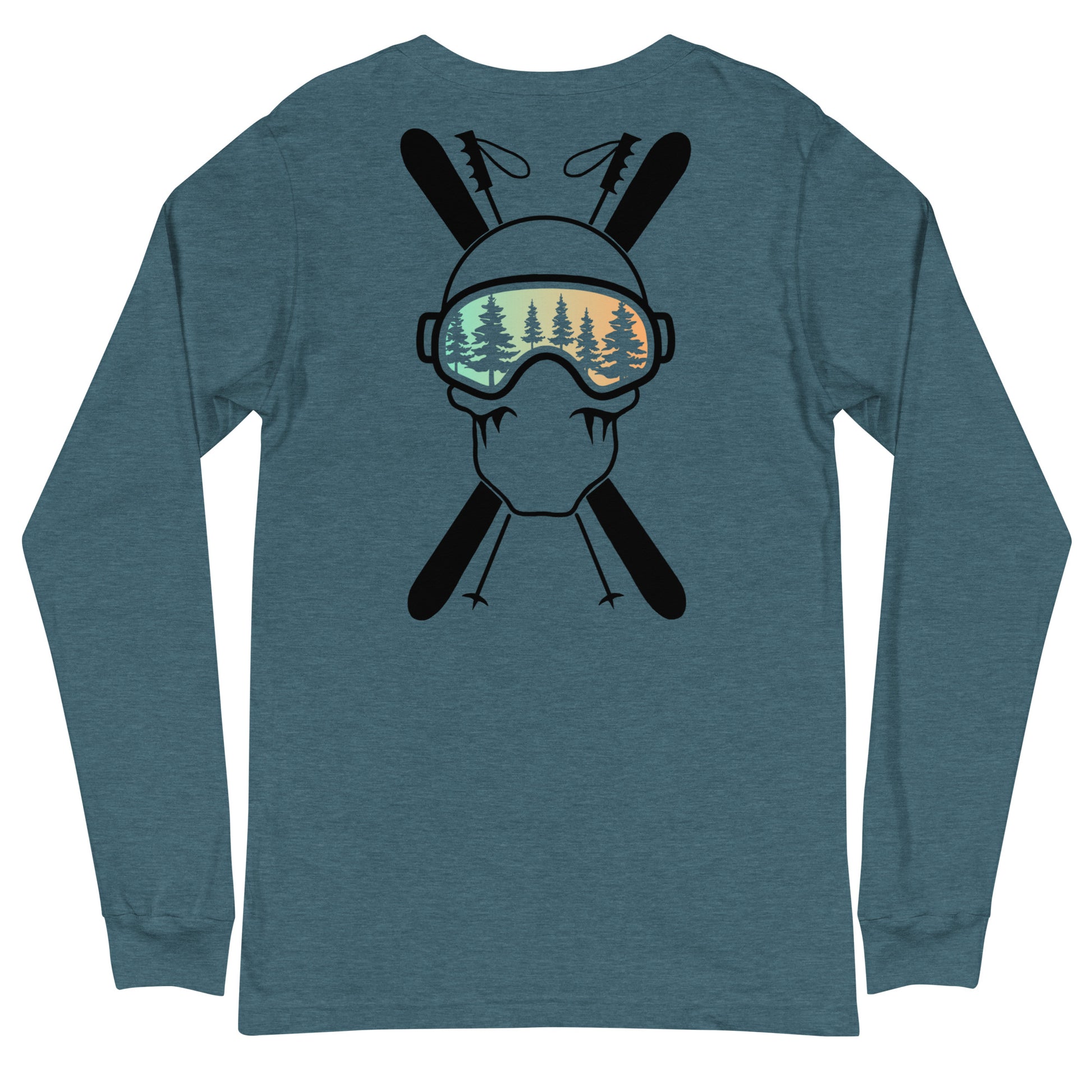 Two More Skip The Last "Stick & Stones" deep teal unisex long sleeve t-shirt. Back view