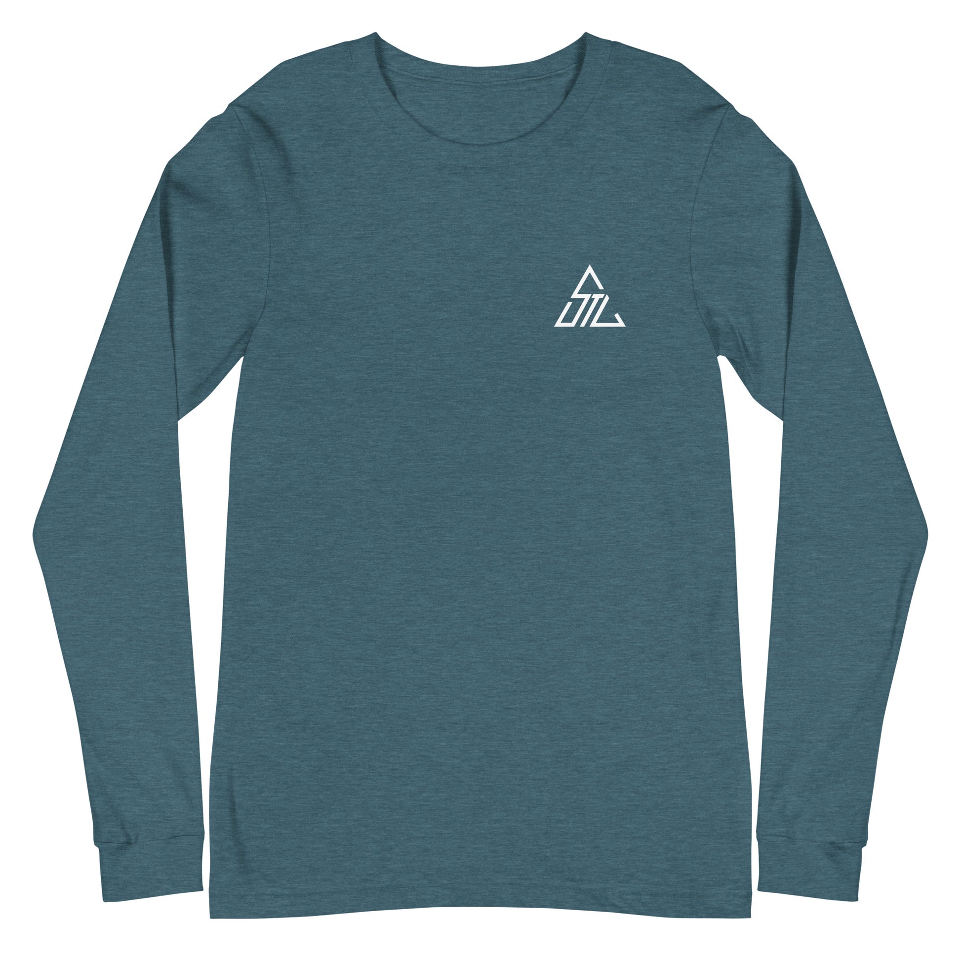 Two More Skip The Last "Bluebird" teal unisex Long sleeve t-shirt. Front view
