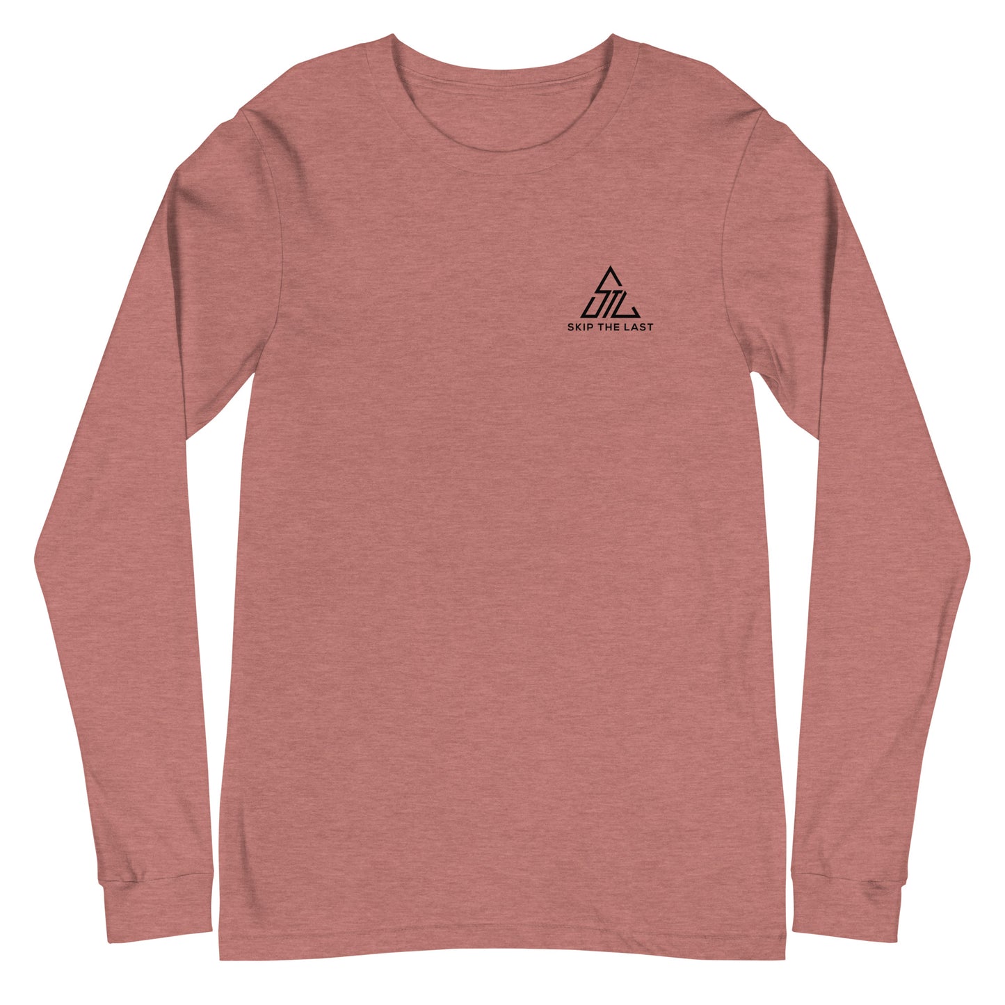 Two More Skip The Last "Stick & Stones" heather mauve unisex long sleeve t-shirt. Front view