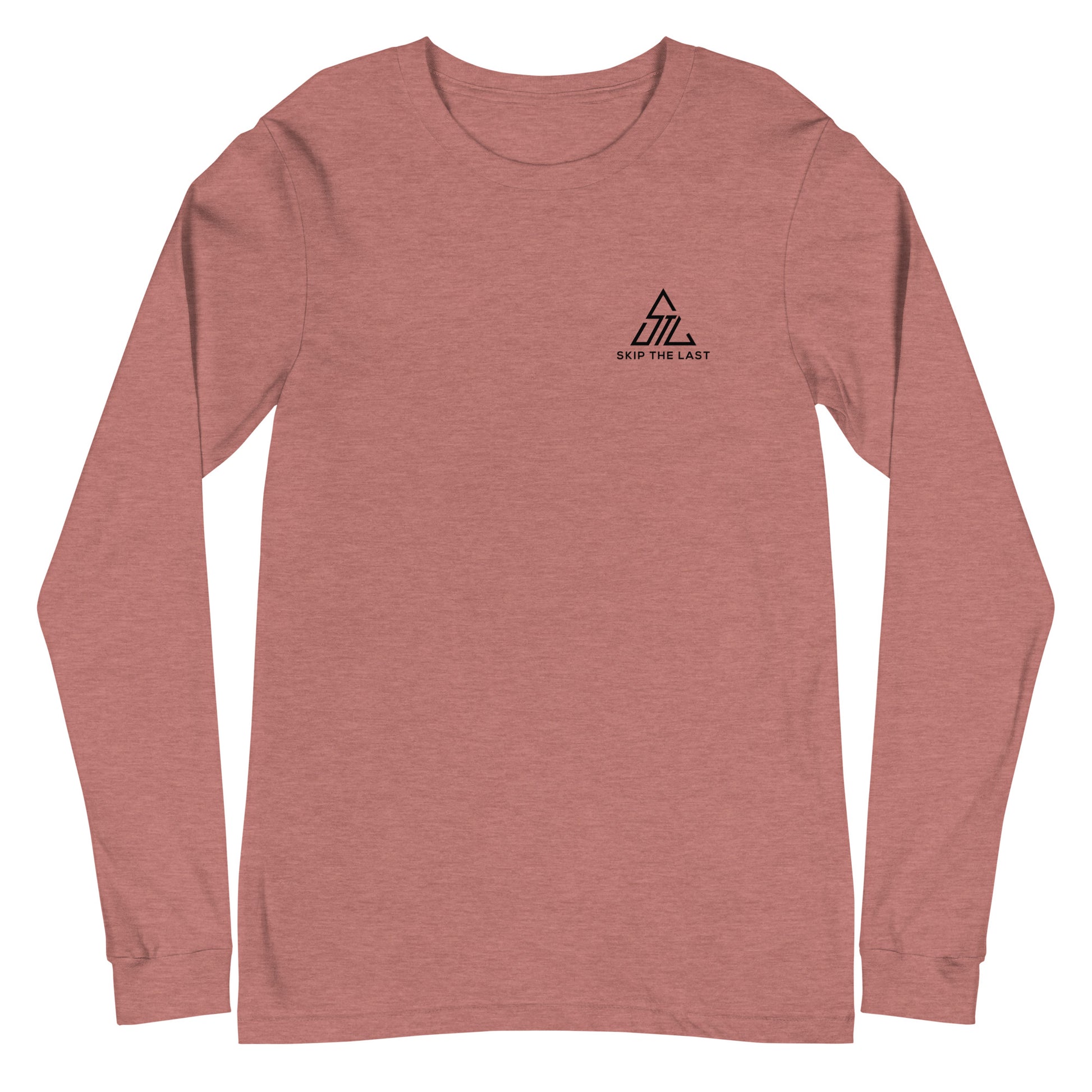 Two More Skip The Last "Stick & Stones" heather mauve unisex long sleeve t-shirt. Front view