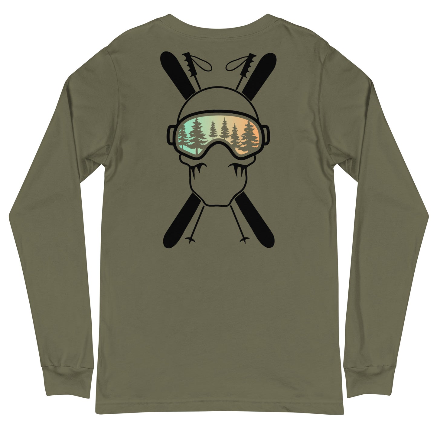 Two More Skip The Last "Stick & Stones" military green unisex long sleeve t-shirt. Back view