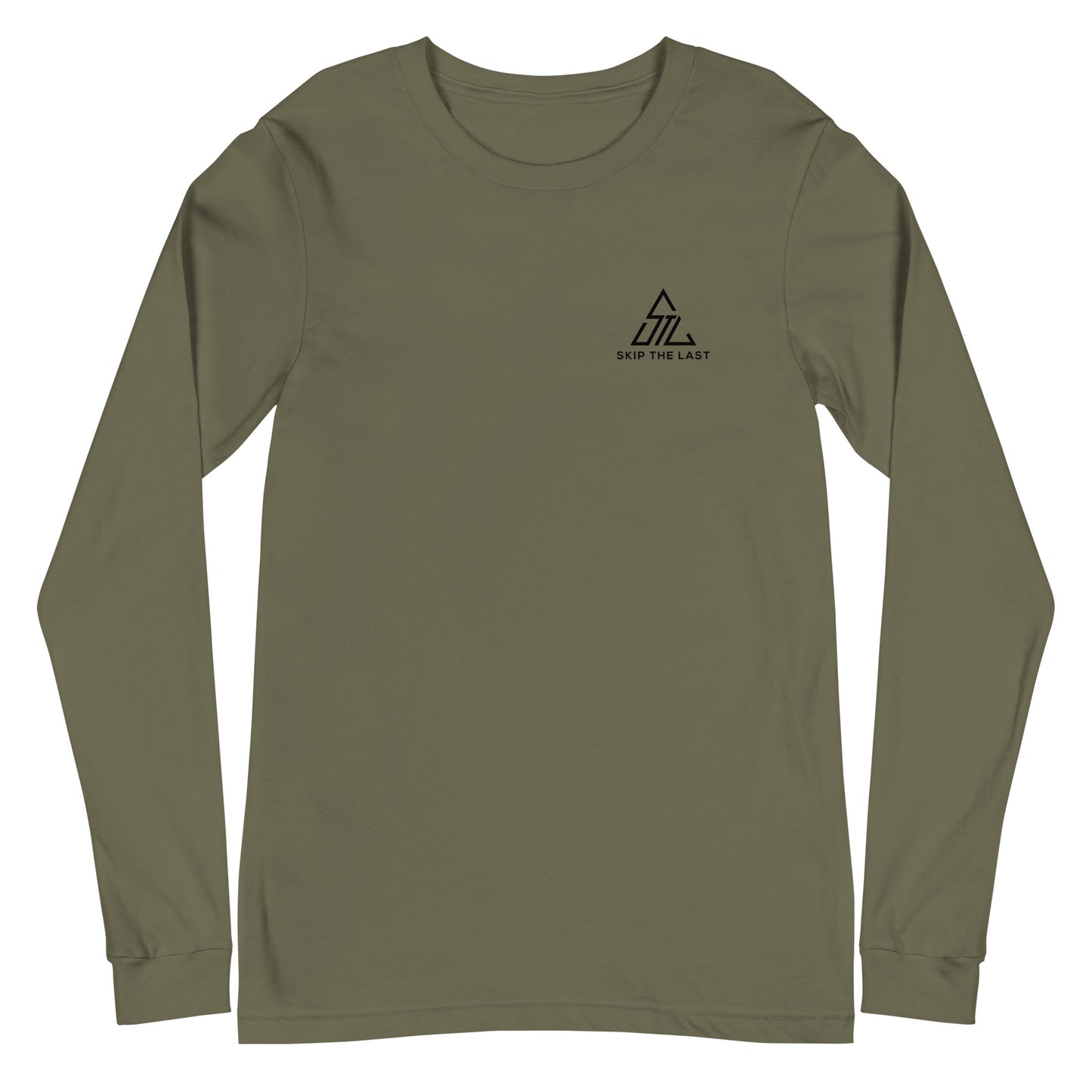 Two More Skip The Last "Stick & Stones" military green unisex long sleeve t-shirt. Front view