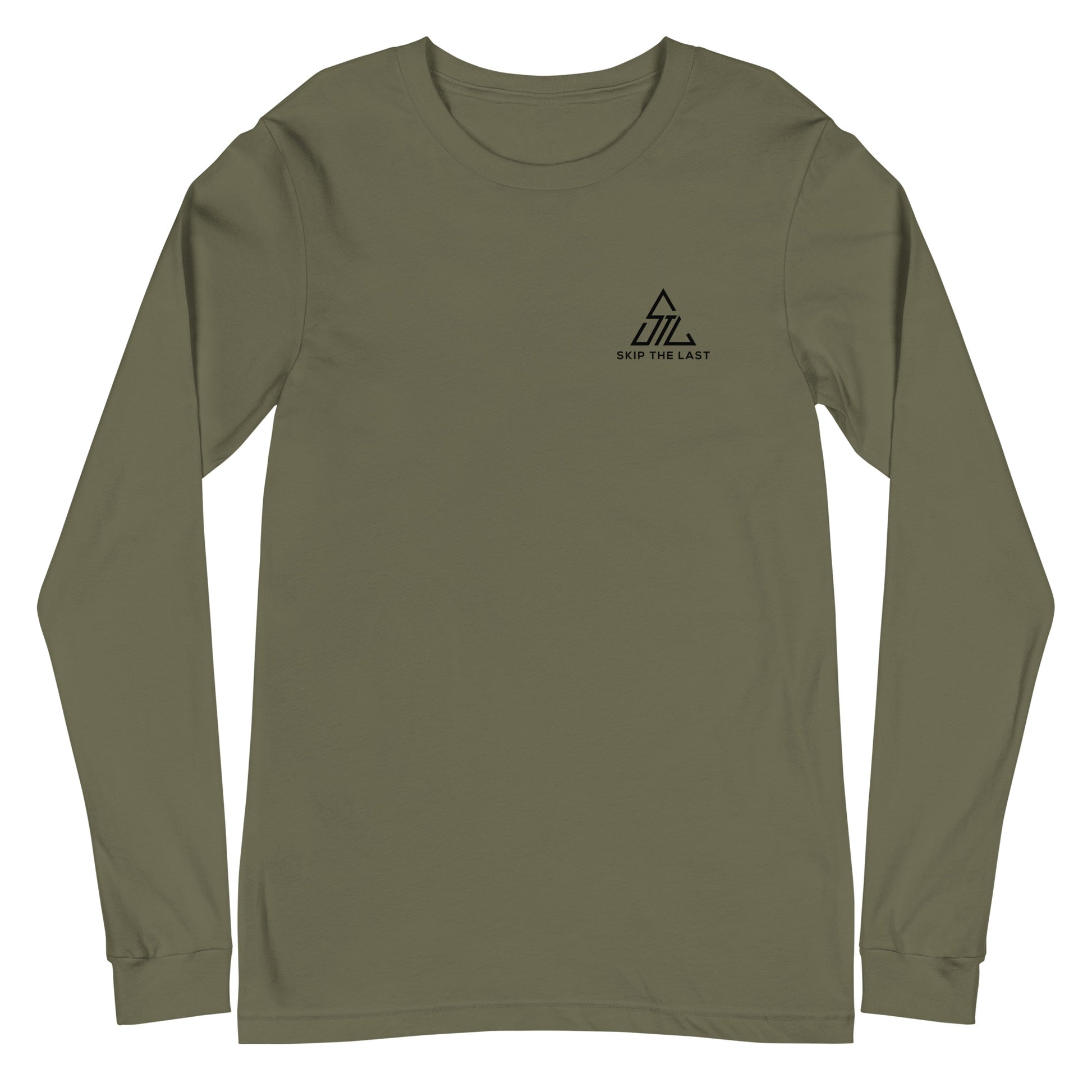 Two More Skip The Last "Stick & Stones" military green unisex long sleeve t-shirt. Front view
