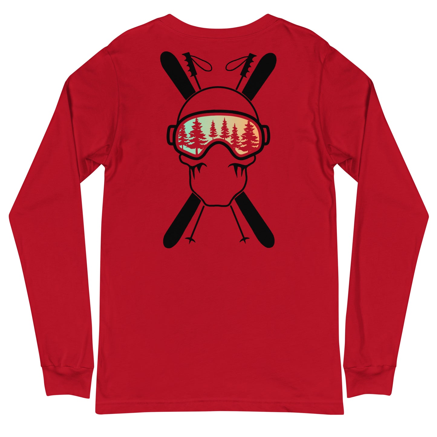 Two More Skip The Last "Stick & Stones" red unisex long sleeve t-shirt. Back view