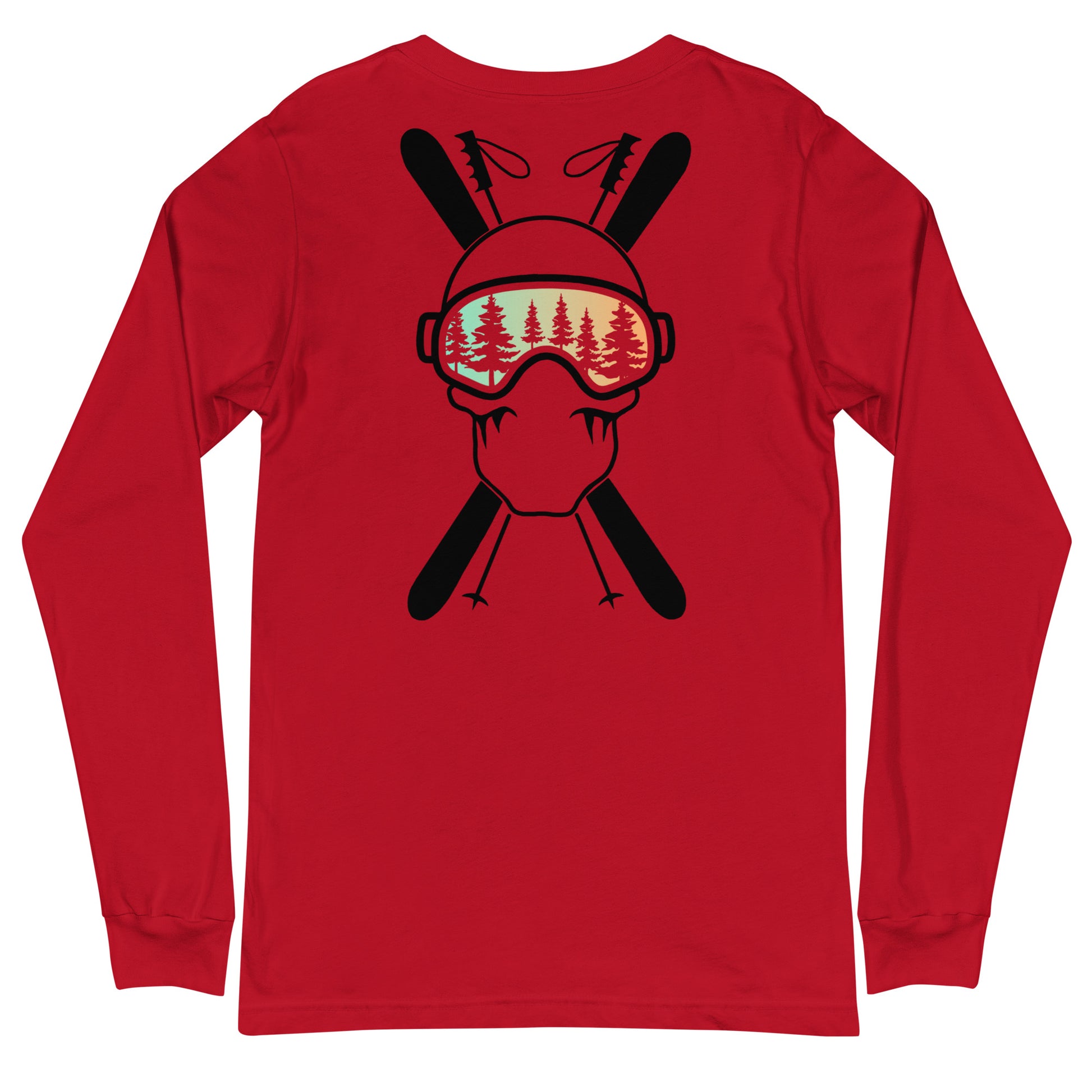 Two More Skip The Last "Stick & Stones" red unisex long sleeve t-shirt. Back view