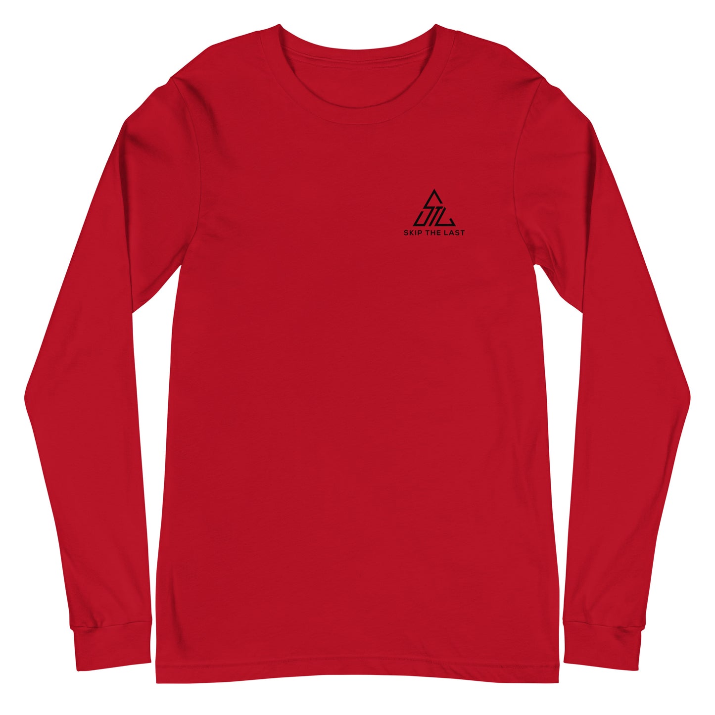 Two More Skip The Last "Stick & Stones" red unisex long sleeve t-shirt. Front view