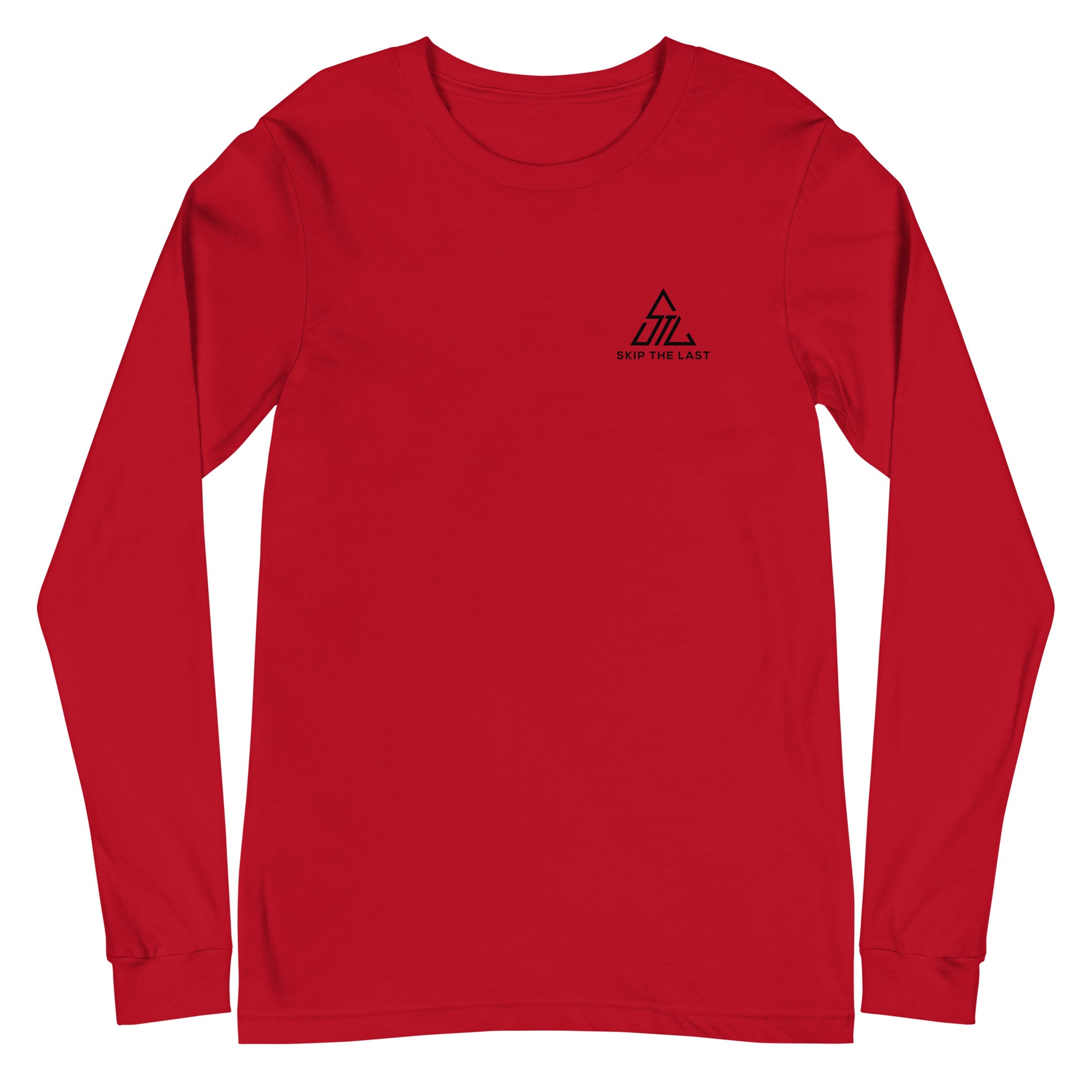 Two More Skip The Last "Stick & Stones" red unisex long sleeve t-shirt. Front view