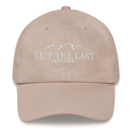 Two More Skip The Last "Skip the Last" stone unisex embroidered dad hat. Front view