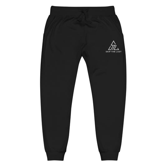 Two More Skip The Last "Skip the Last" black unisex embroidered fleece jogger style sweatpants. Front view
