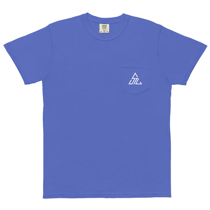 Two More Skip The Last "Bluebird" blue unisex pocket t-shirt. Front view