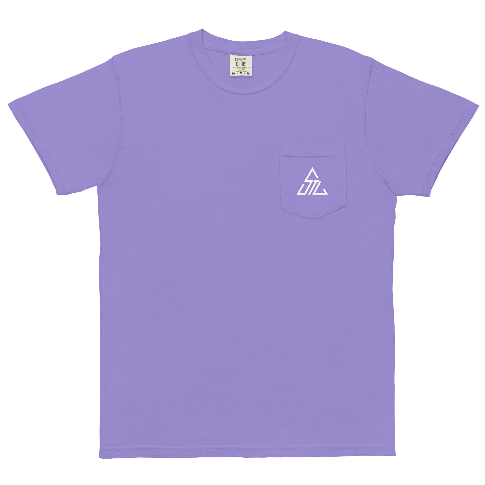 Two More Skip The Last "Bluebird" violet unisex pocket t-shirt. Front view