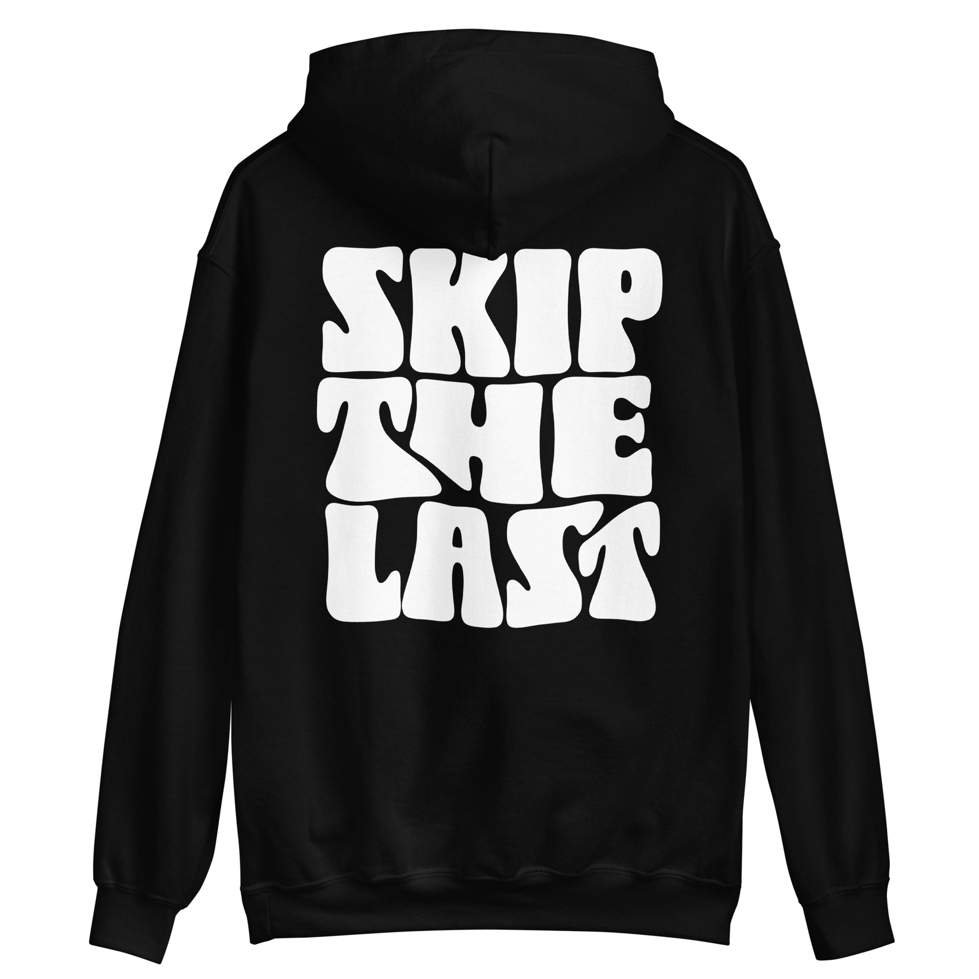 Two More Skip The Last "Retro Skip the Last" black unisex hoodie. Back view