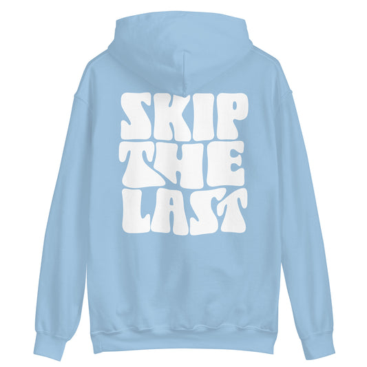 Two More Skip The Last "Retro Skip the Last" light blue unisex hoodie. Back view