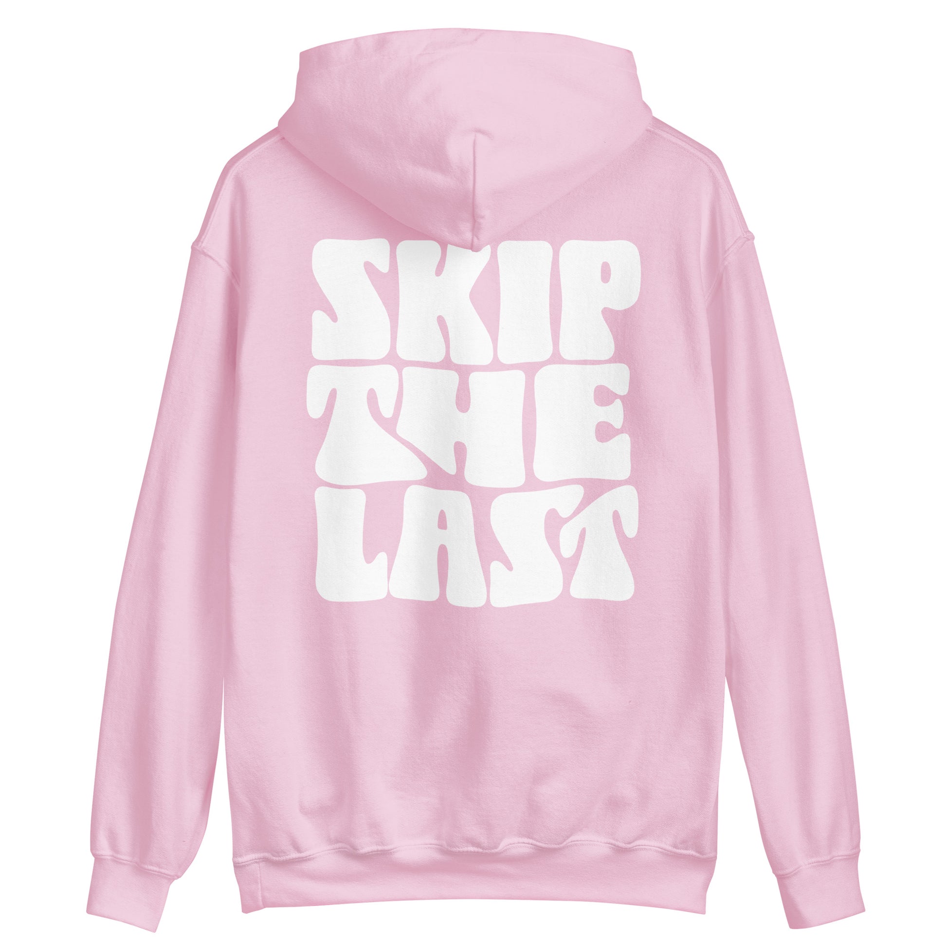 Two More Skip The Last "Retro Skip the Last" light pink unisex hoodie. Back view