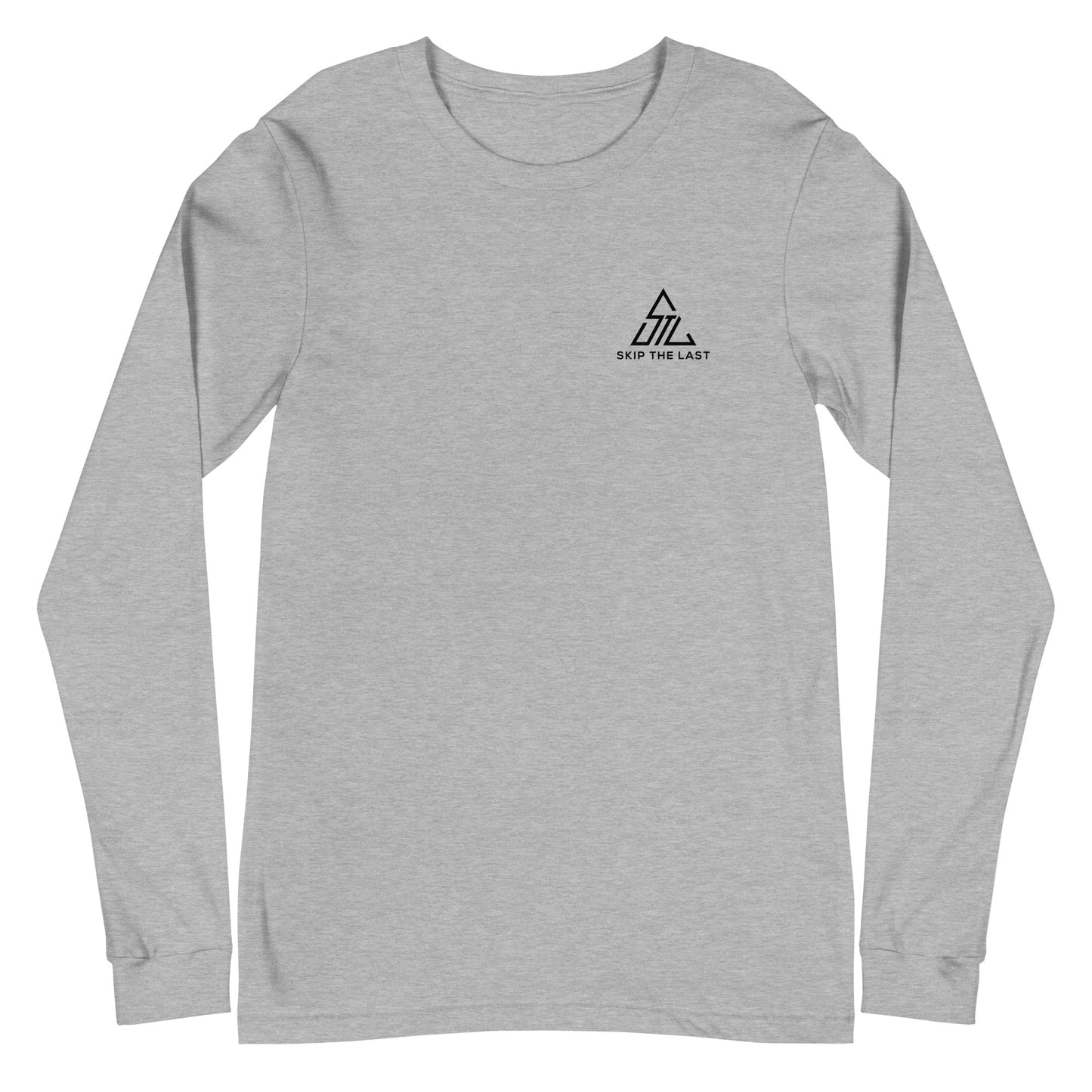 Two More Skip The Last "Stick & Stones" heather grey unisex long sleeve t-shirt. Front view