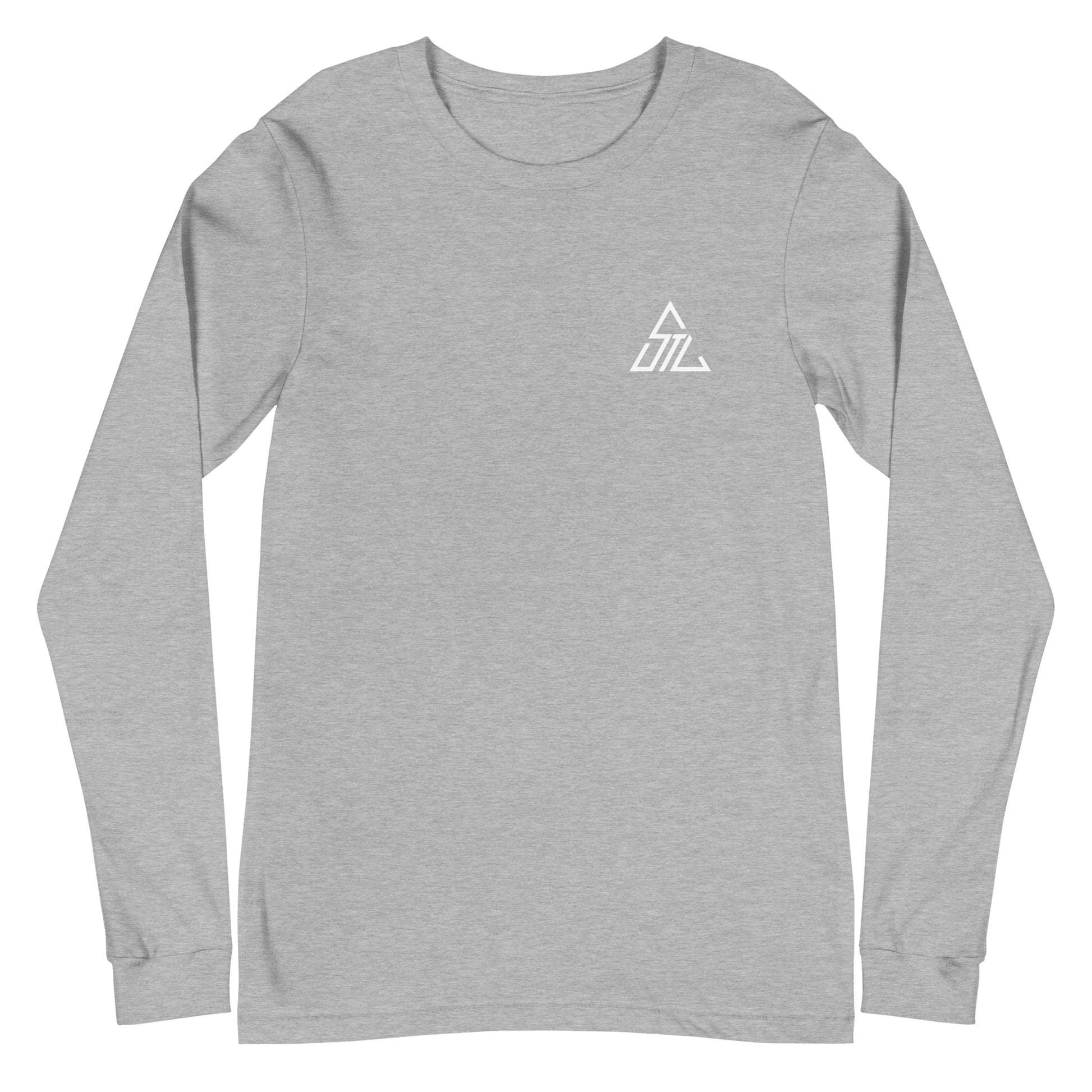 Two More Skip The Last "Bluebird" heather grey unisex Long sleeve t-shirt. Front view