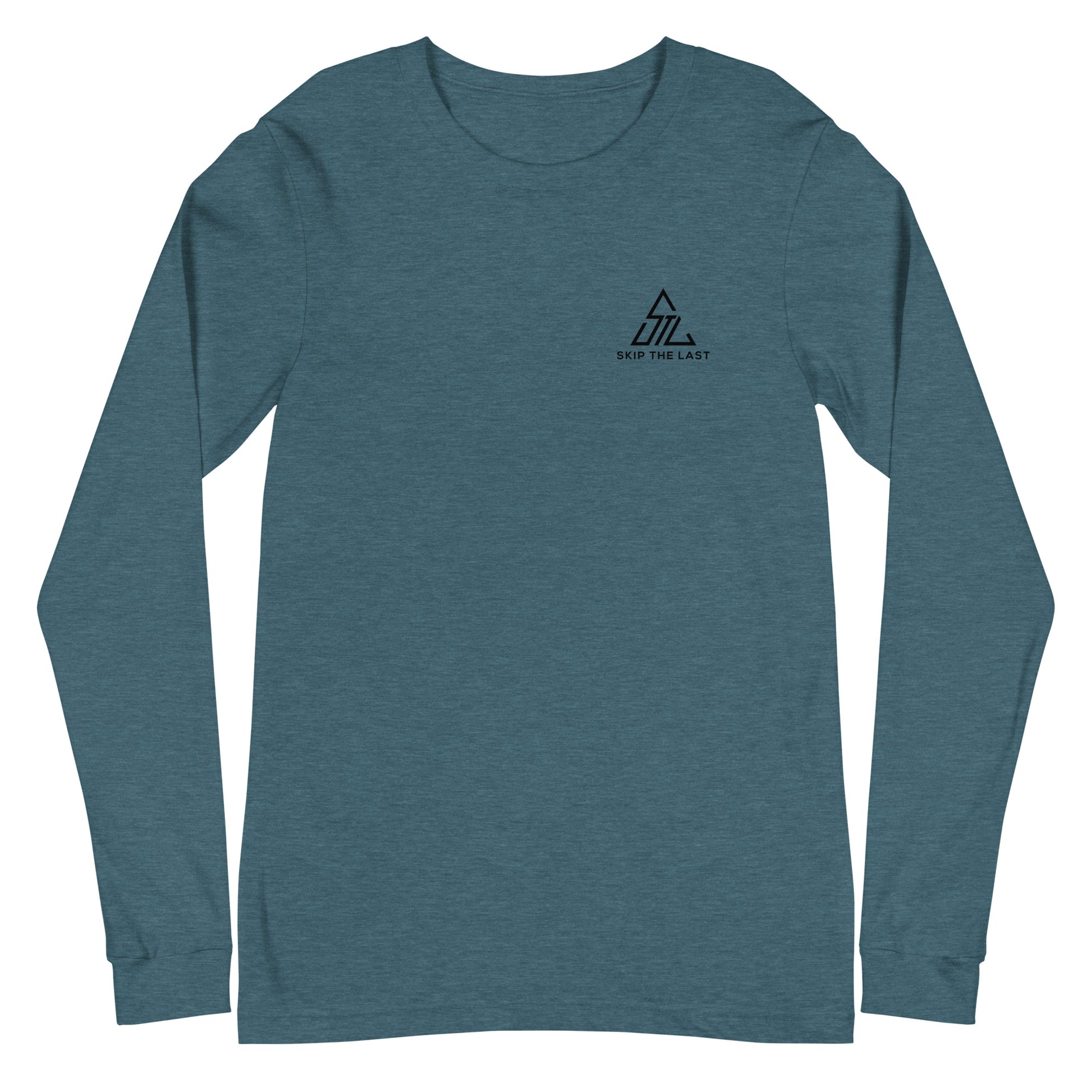 Two More Skip The Last "Stick & Stones" deep teal unisex long sleeve t-shirt. Front view