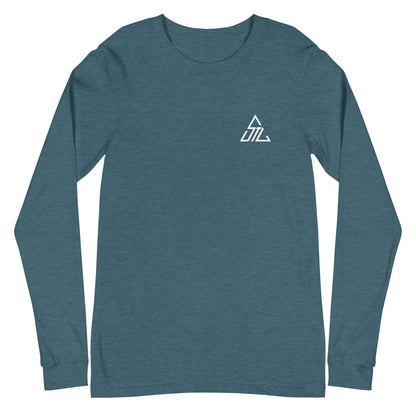 Two More Skip The Last "Bluebird" teal unisex Long sleeve t-shirt. Front view