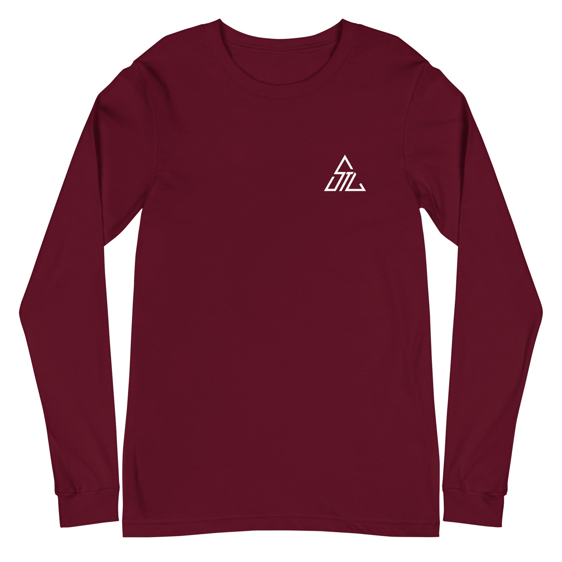 Two More Skip The Last "Bluebird" maroon unisex Long sleeve t-shirt. Front view