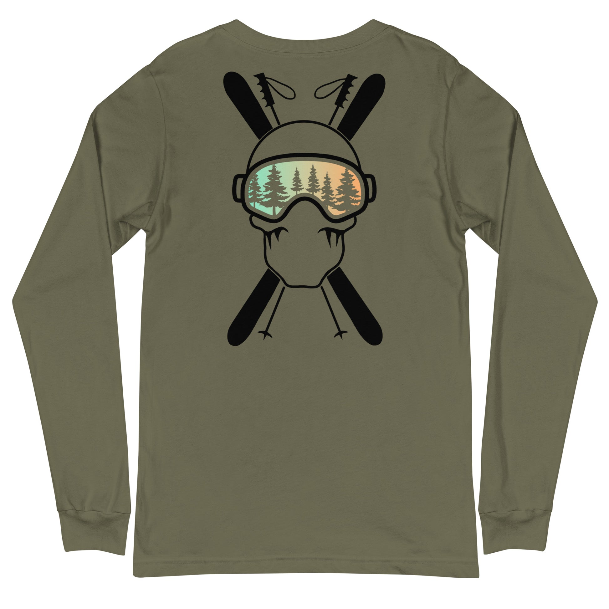 Two More Skip The Last "Stick & Stones" military green unisex long sleeve t-shirt. Back view