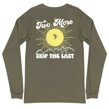 Two More Skip The Last "Bluebird" military green unisex Long sleeve t-shirt. Back view