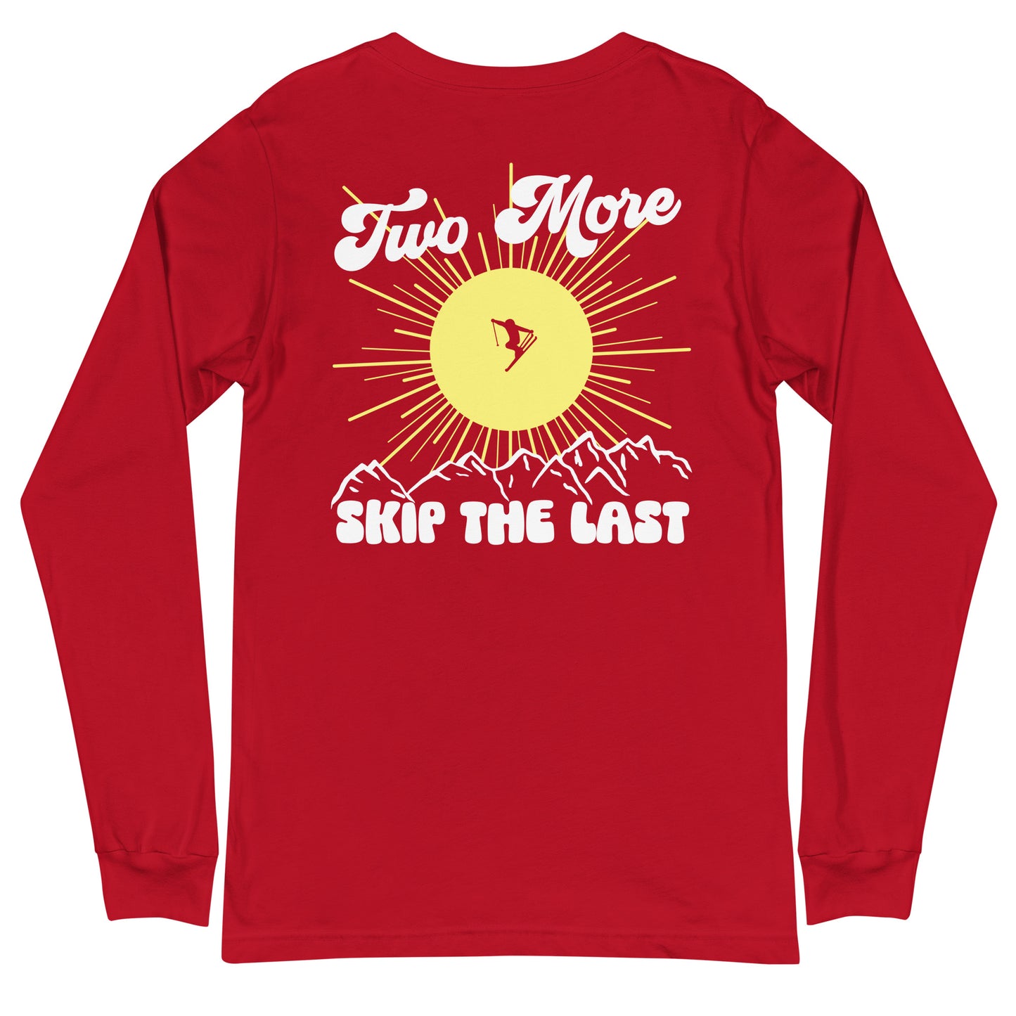 Two More Skip The Last "Bluebird" red unisex Long sleeve t-shirt. Back view