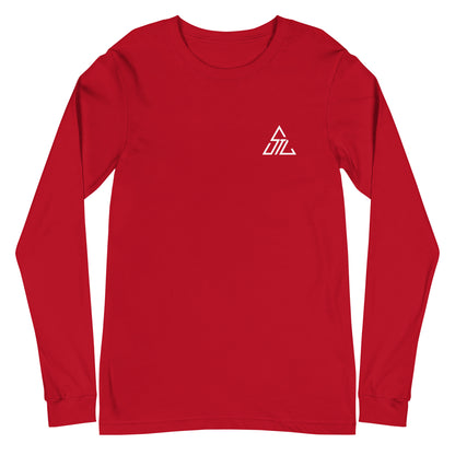 Two More Skip The Last "Bluebird" red unisex Long sleeve t-shirt. Front view