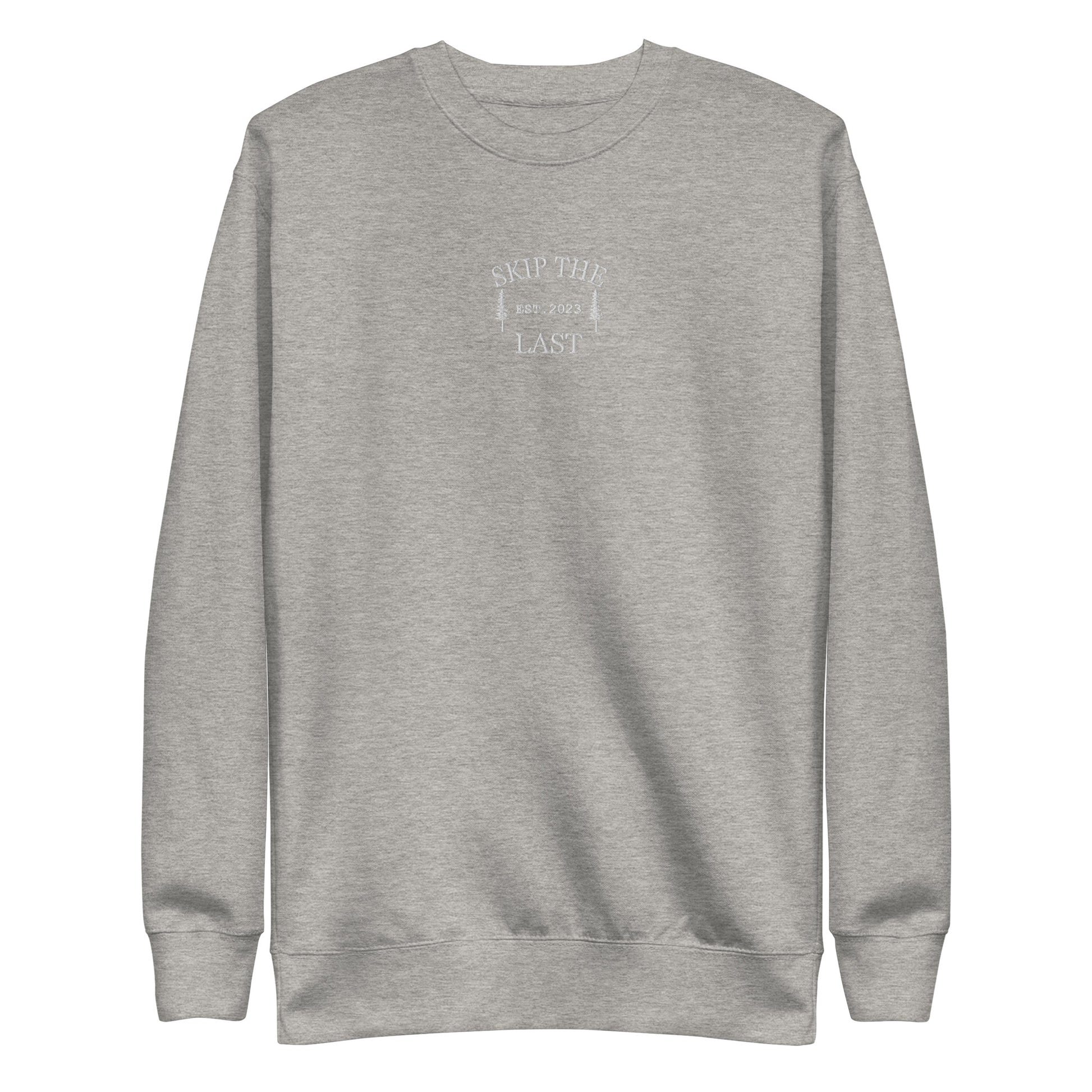 Two More Skip The Last "Skip The Last Pine Tree" carbon grey unisex embroidered crewneck. Front view